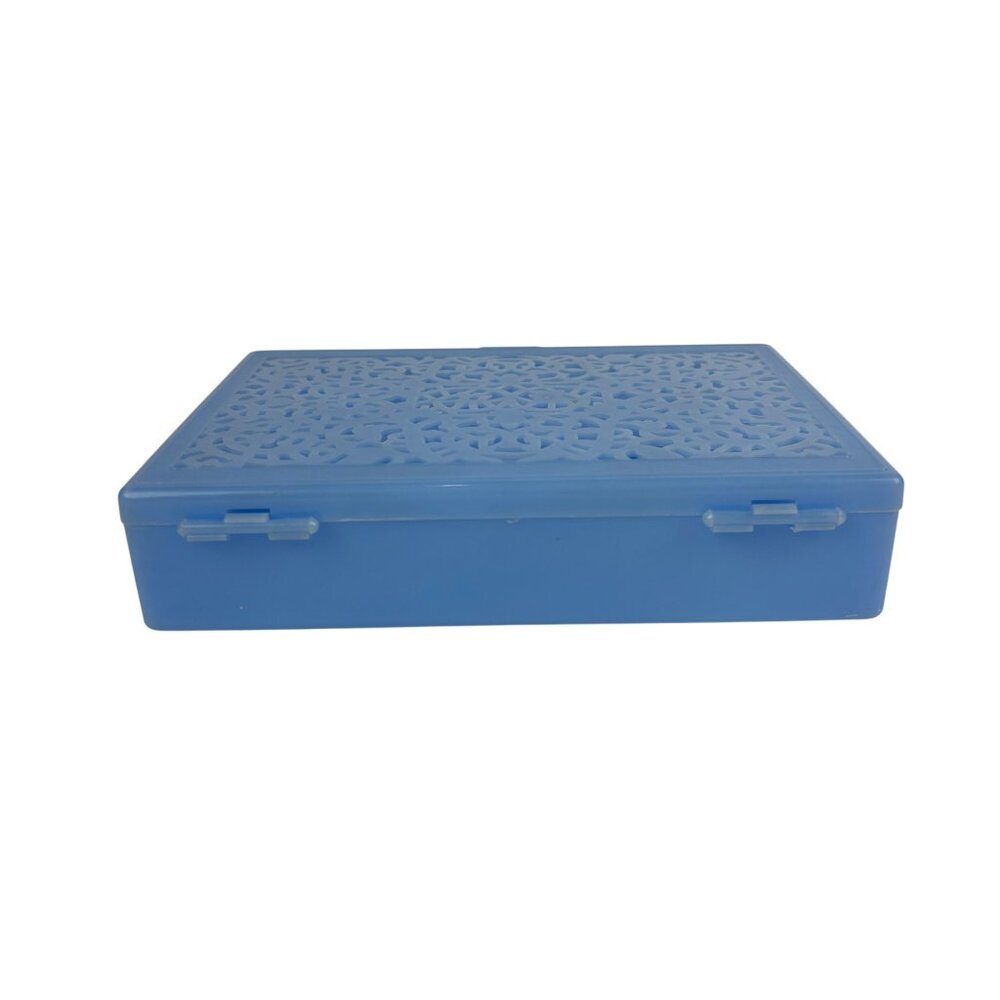 Vintage 60s Plastic Storage Box Baby Blue Cutwork Top Vanity Jewelry Trinkets - Picture 6 of 10